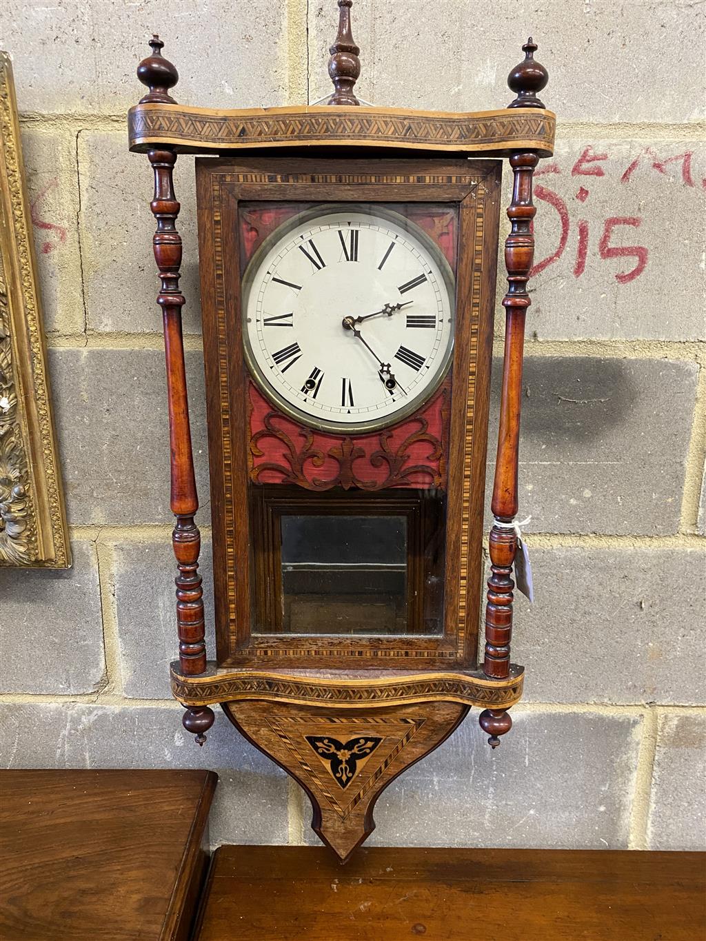 A 19th century American drop dial wall clock, width 40cm, height 90cm